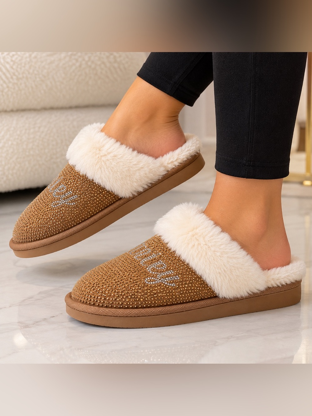 Cozy Faux Fur Crystal-Embellished Mule Slippers - Camel/White size xl
